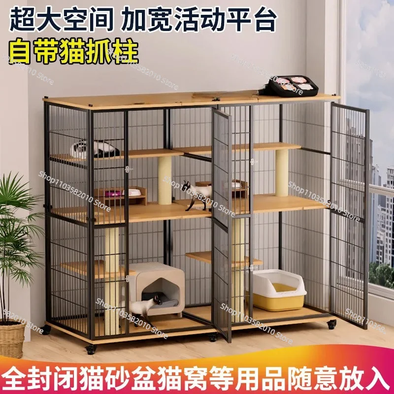Luxury 3-Tier Wooden Cat House, Large Indoor Cat Enclosure & Multi-Level Playpen