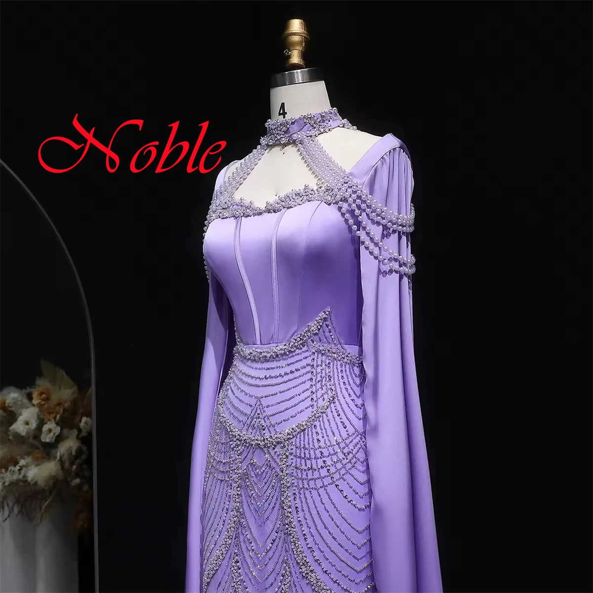 Customized Simple Light Purple Satin Evening Dress Exquisite High Neckline Long Sleeves Zipper Back Pearls Beading Party Dress