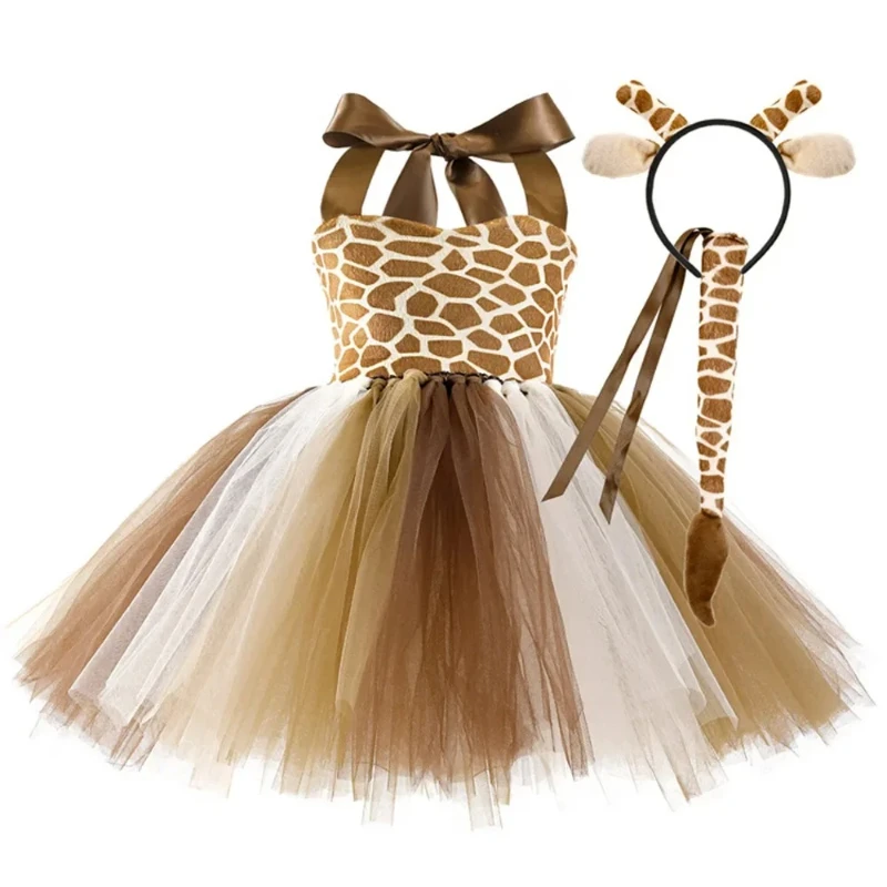 2025 الفتيات هالوين الحيوان تأثيري حلي الاطفال الغابات موضوع الزرافة الأبقار النمر ليوبارد زيبرا طباعة توتو فستان حفلة عيد ميلاد