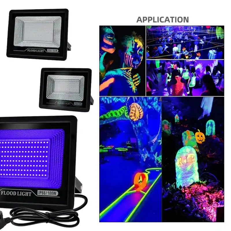 LED UV Projector para festa de Halloween, luz ambiente, impermeável ultravioleta, fluorescente lâmpada de palco, 50W, 100W, 395nm, 400nm, IP66, 220V