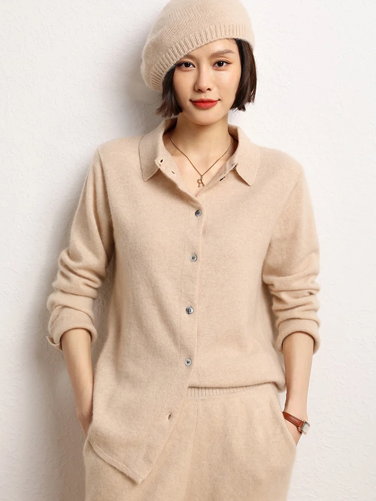 Autumn Winter Women Cashmere Sweater POLO Collar Slim 100% Cashmere Cardigan Knitwear Office Lady Korean Popular Shirt Tops