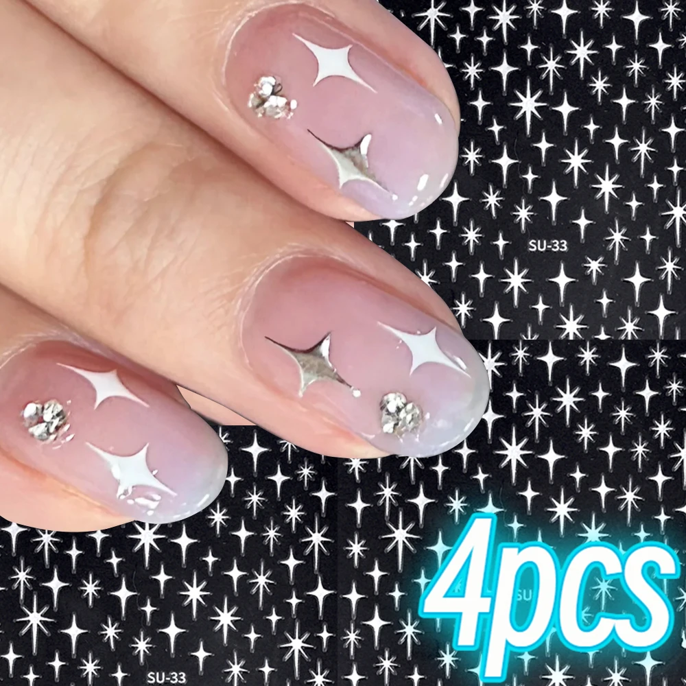 Pegatina de uñas de estrella de cuatro puntas, 3D, plata, láser dorado, Cruz Starlight, autoadhesiva, decoración de manicura DIY