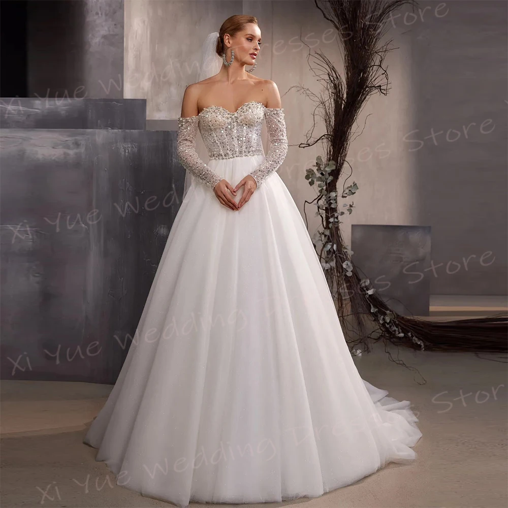 New Modern A Line Women's Wedding Dresses Beautiful Sweetheart Bride Gowns Long Sleeve Backless Sequined Vestidos Novias Boda