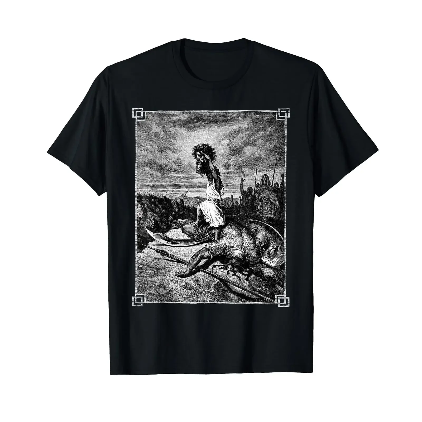 David and Goliath Slaying the Biblical Story Gravure T Shirt vintage Washed fashion Casual Stretched Soft Unisex streetwear