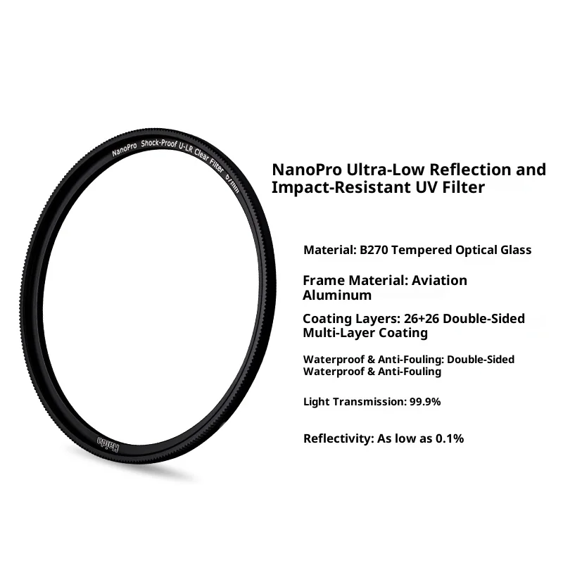 HaidaNanoPro U-LR فلتر حماية من الأشعة فوق البنفسجية مقاوم للصدمات منخفض للغاية مع طلاء متعدد الطبقات مزدوج الجوانب ومقاوم للماء