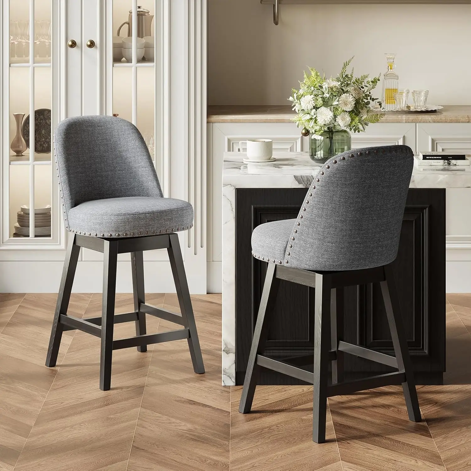 

Swivel Bar Stools Set of 2, Upholstered Fabric Mid Century Mondern Barstools, 26 inch Counter Height Bar Chairs with Solid Ba