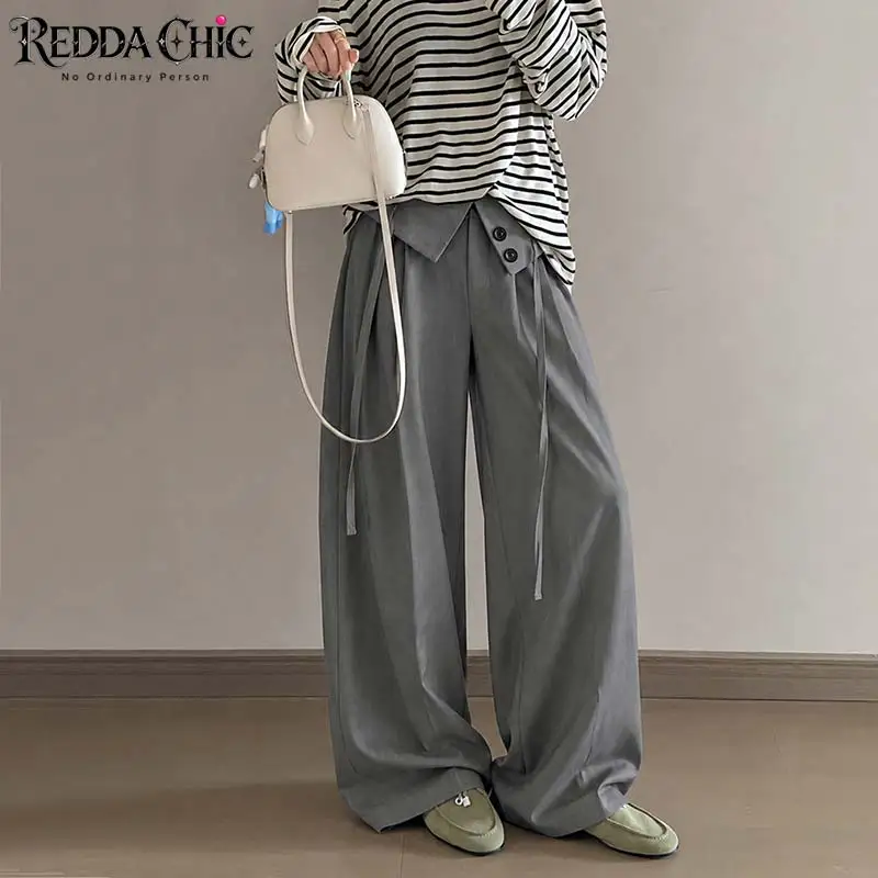 ReddaChic ReddaChic Women Pleated Front Gray Suit Trousers Versatile Cleanfit Solid Fold Over Waist Baggy Dress Pants Lounge Everyday Wear - Aliexpress Deal