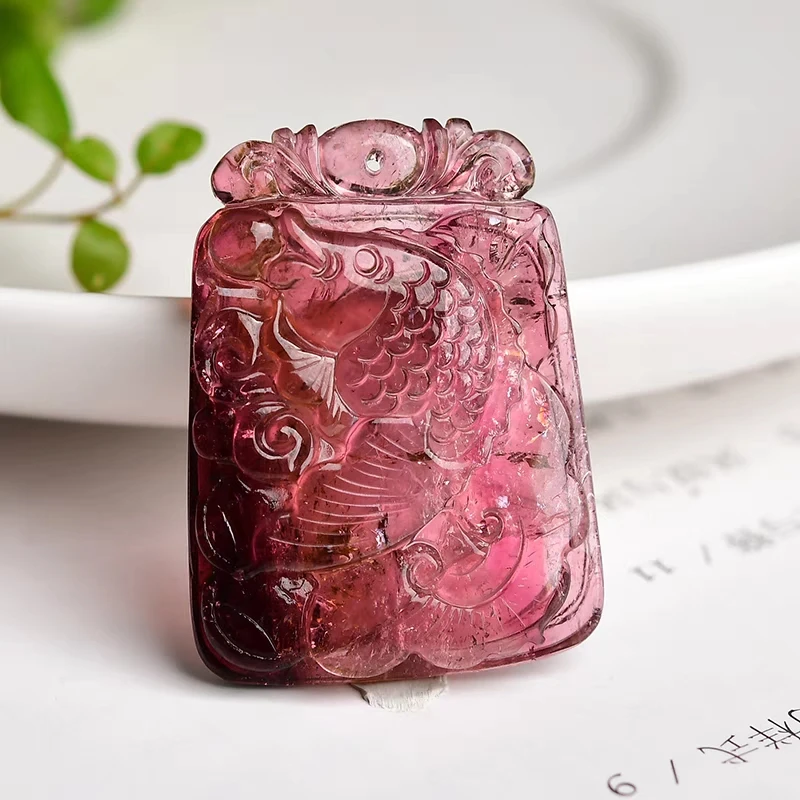 Natural Red Tourmaline Carved Pendant Flash Woman Men Watermelon Tourmaline Clear Water Drop Beads Fashion Jewelry AAAAAA