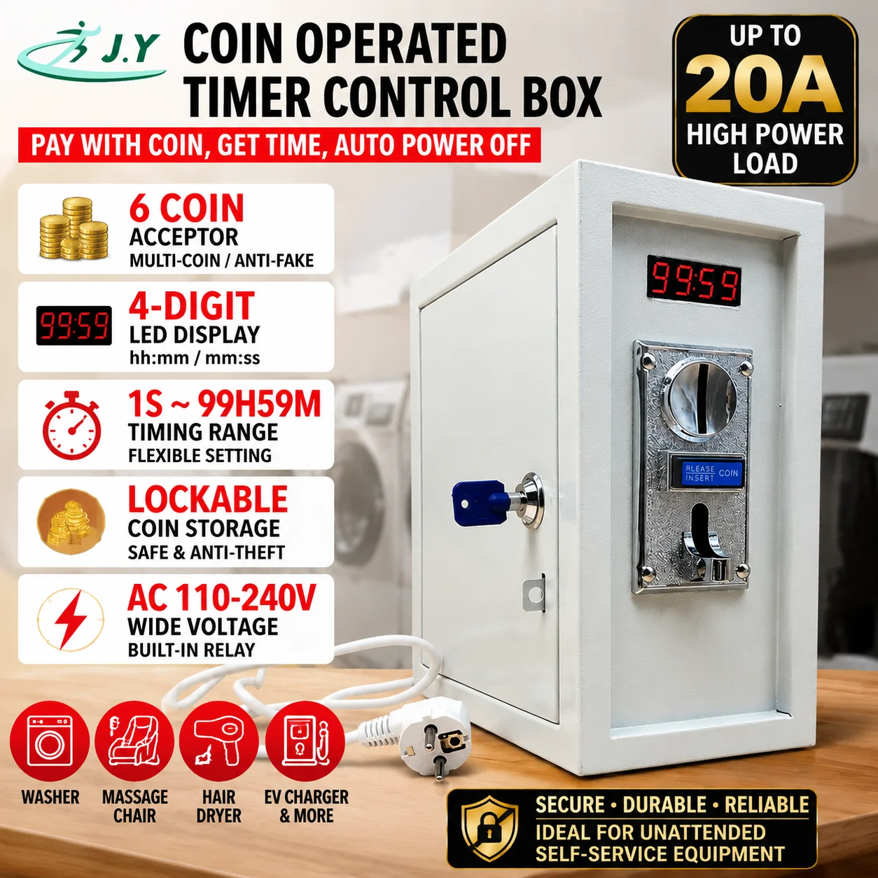 110-240 White Metal EU Socket 6 Coins Multi Coin Acceptor Coin-operated Timer Control Box for Arcade Game Washing Machines