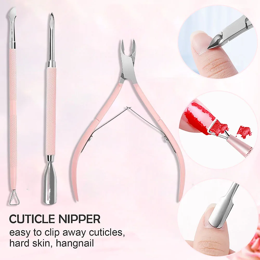 Conjunto de cortador de unhas rosa 3 tamanhos, aparador de cutícula profissional com empurrador de cutícula, ferramentas para unhas, kits de raspador de reparo de unhas de alta qualidade