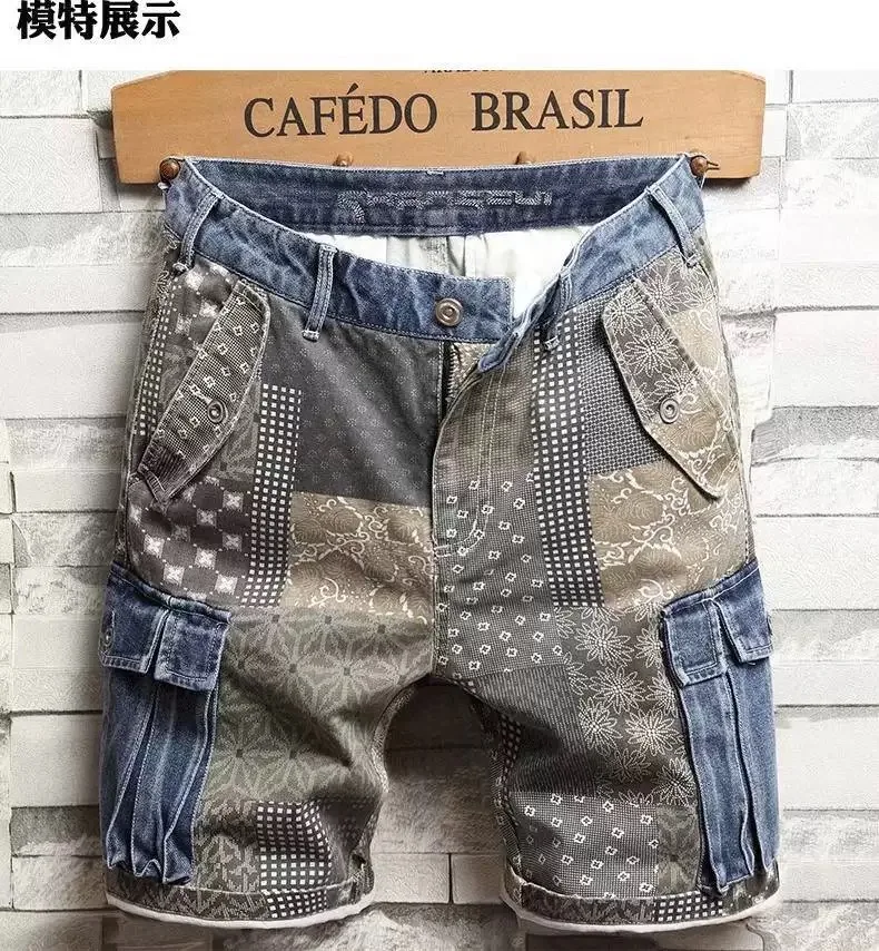 

Spring/Summer Fashion Trendy Printed American Retro Straight Leg Denim Shorts Men's Casual Loose High Quality Sports Shorts