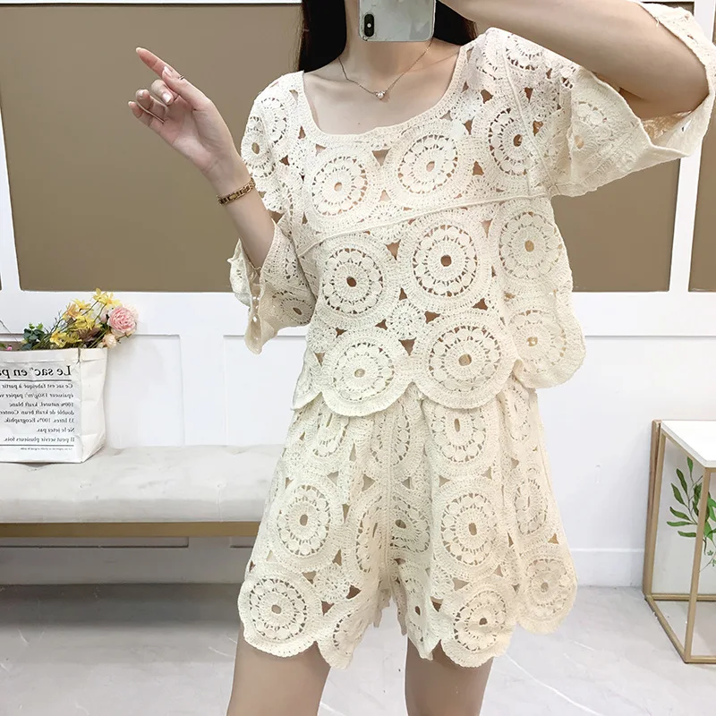 Bohemian Style Sea Edge Fake Two-Piece Suit Women'S Summer Thin Loose Knitted Short-Sleeved Shirt Crocheted Hollow Pants