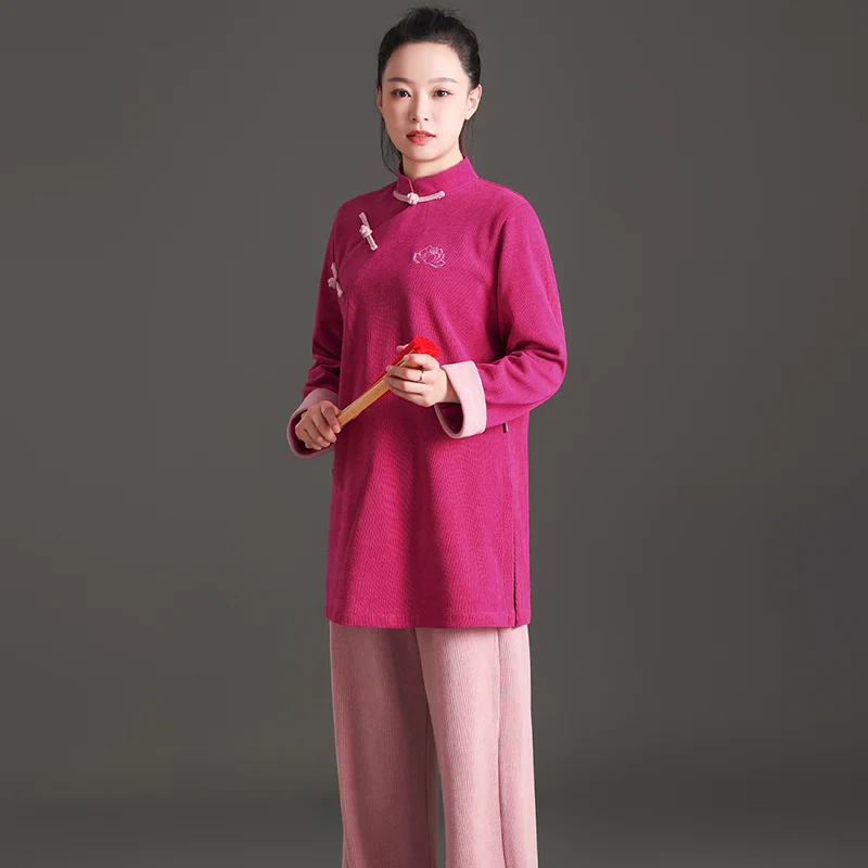 2025 Women's Tai Chi Suit, Modernized Baduanjin Practice Wear with Embroidered Asymmetrical Collar for Winter