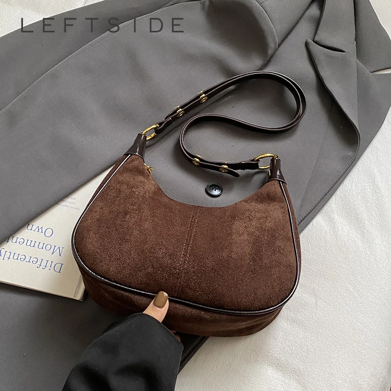 حقيبة كتف نسائية صغيرة من جلد الغزال من Leftside 2025 حقيبة كروس ناعمة شتوية بتصميم كلاسيكي فاخر حقائب يد ومحافظ نسائية