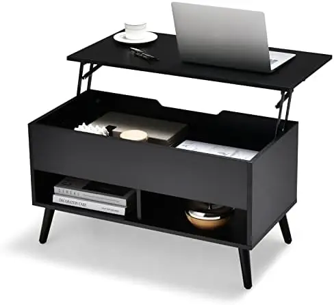 

Lift Top Coffee Table, Modern Cocktail Table w/Hidden Compartment & 2 Open Shelves, Flip Top Center Table, Wooden Pull up Co