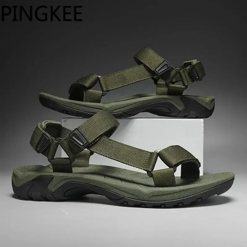 PINGKEE Fabric Upper Adjustable Men Summer Leather Sandals Original Mens Sandals Man Leather Classic Slip on Flat Men\'s Shoes