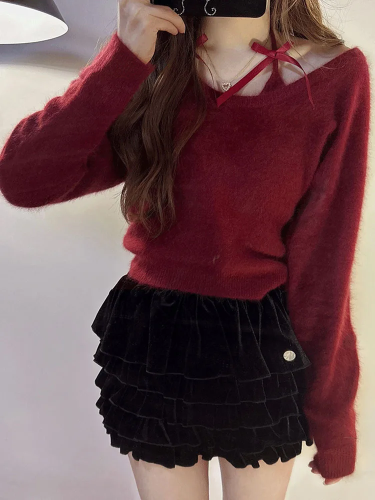 Harajuku Red Knitted Pullovers Women Long Sleeve Autumn Winter Slash Neck Bow Off Shoulder Sweater Korean Christmas High Street