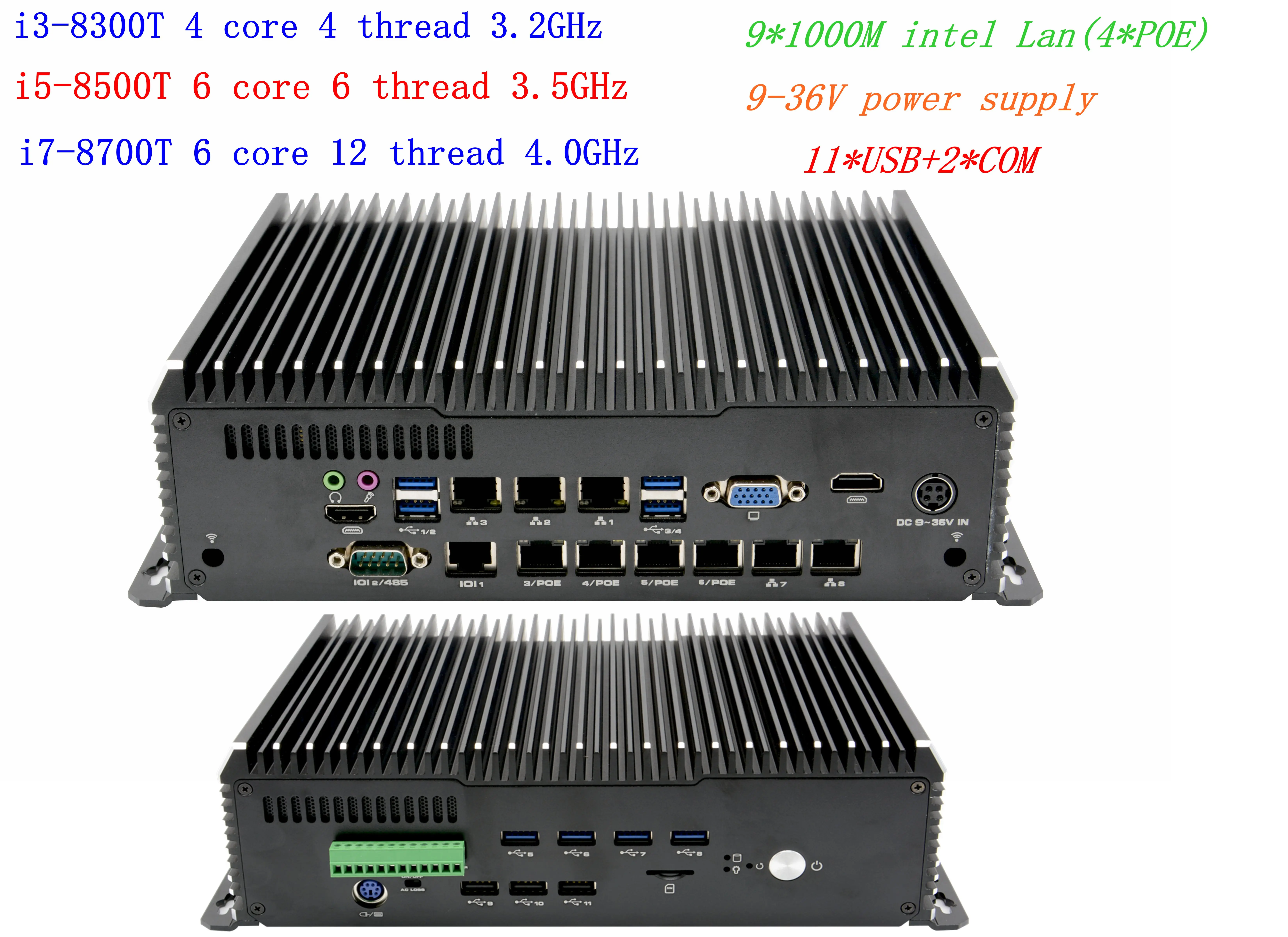 Wizualny przemysłowy rdzeń komputerowy i5-8500T 6 rdzeniowy 6 gwintów 3.5GHz 9*1000M Lan, 4 * POE 11 * USB, zasilacz 9-36V