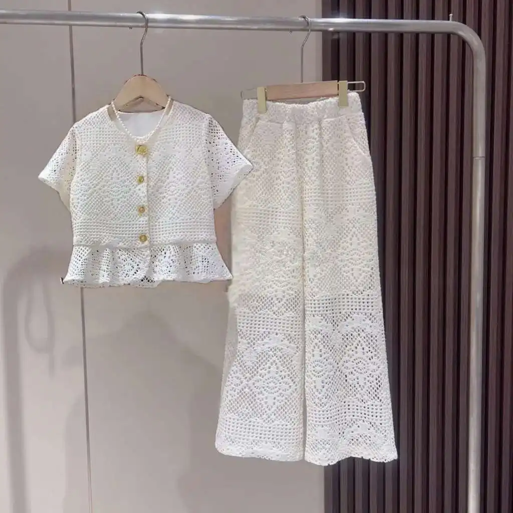 

New Baby Girls Summer Teenage Fashion Lace Hollow Out Sets Top + Pants Princess Sweet Suits 5-12T