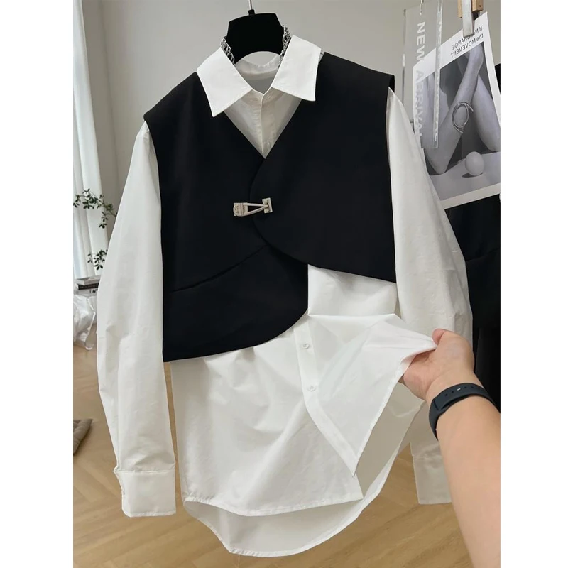 Women Clothing Fashion Asymmetrical Chic Vest Y2K Streetwear Oversize Long Sleeve Shirt Black White Minimalist Tunic Blouse Sets