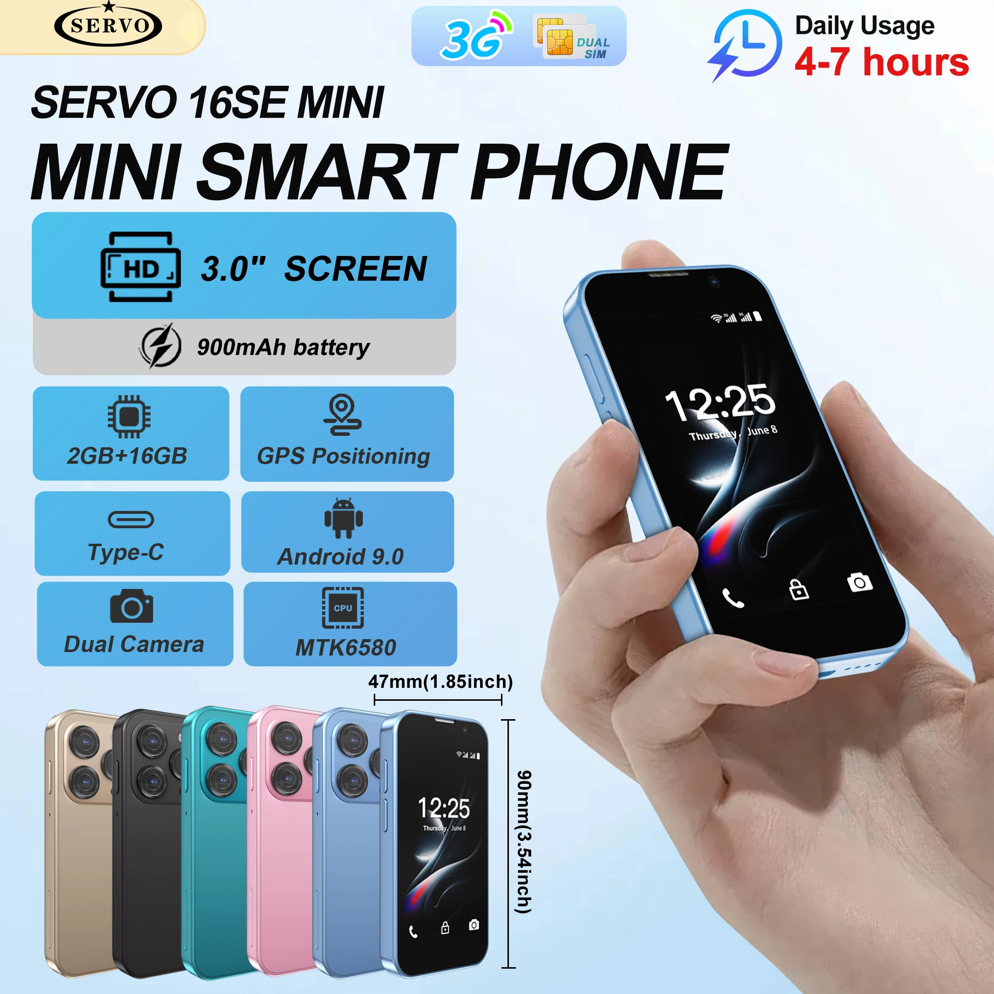 SERVO NEW Android9.0 Smart Phone 3.0inch Display 2GB RAM 16GB ROM Dual SIM Standby Face Recognitio Play Store 3G Little Phone
