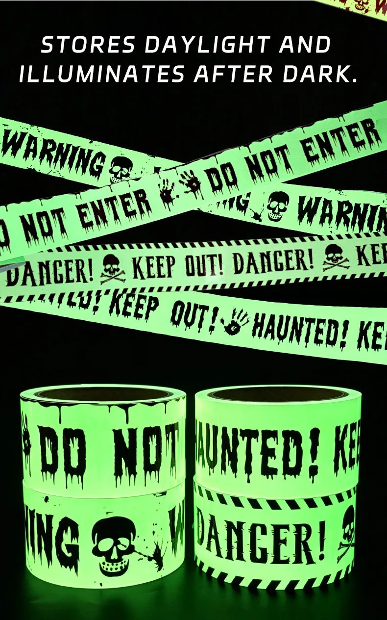 Halloween Warning Glow/Yellow Color In The Dark Tape 3m Non-Adhesive Indoor Outdoor Gatherings Garden Halloween Decoration