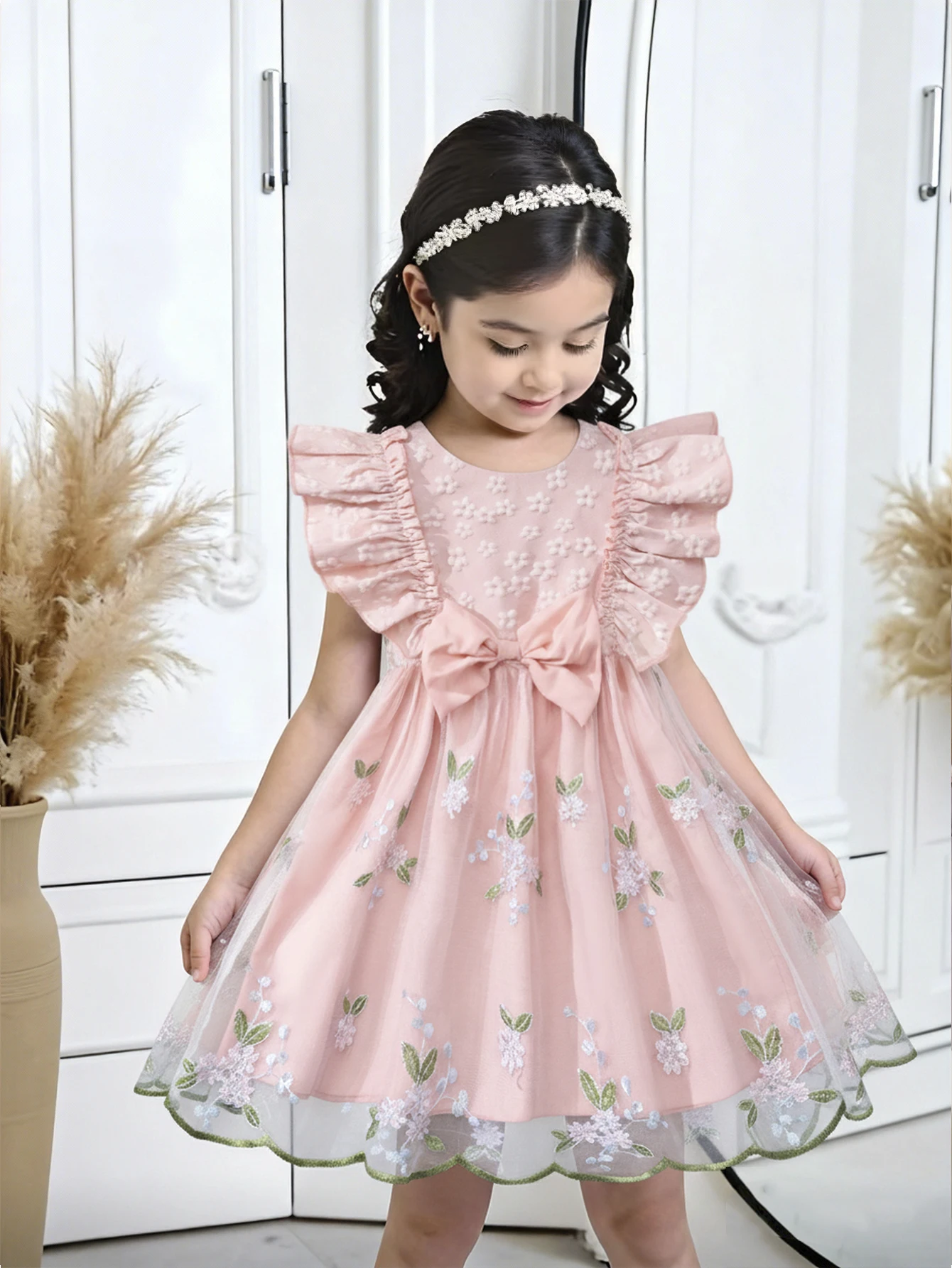 Girls' Embroidered Mesh Dress with Ruffle Bow, Leaf Print Design, Summer Casual Style, Knee Length, Perfect for Parties or Gift