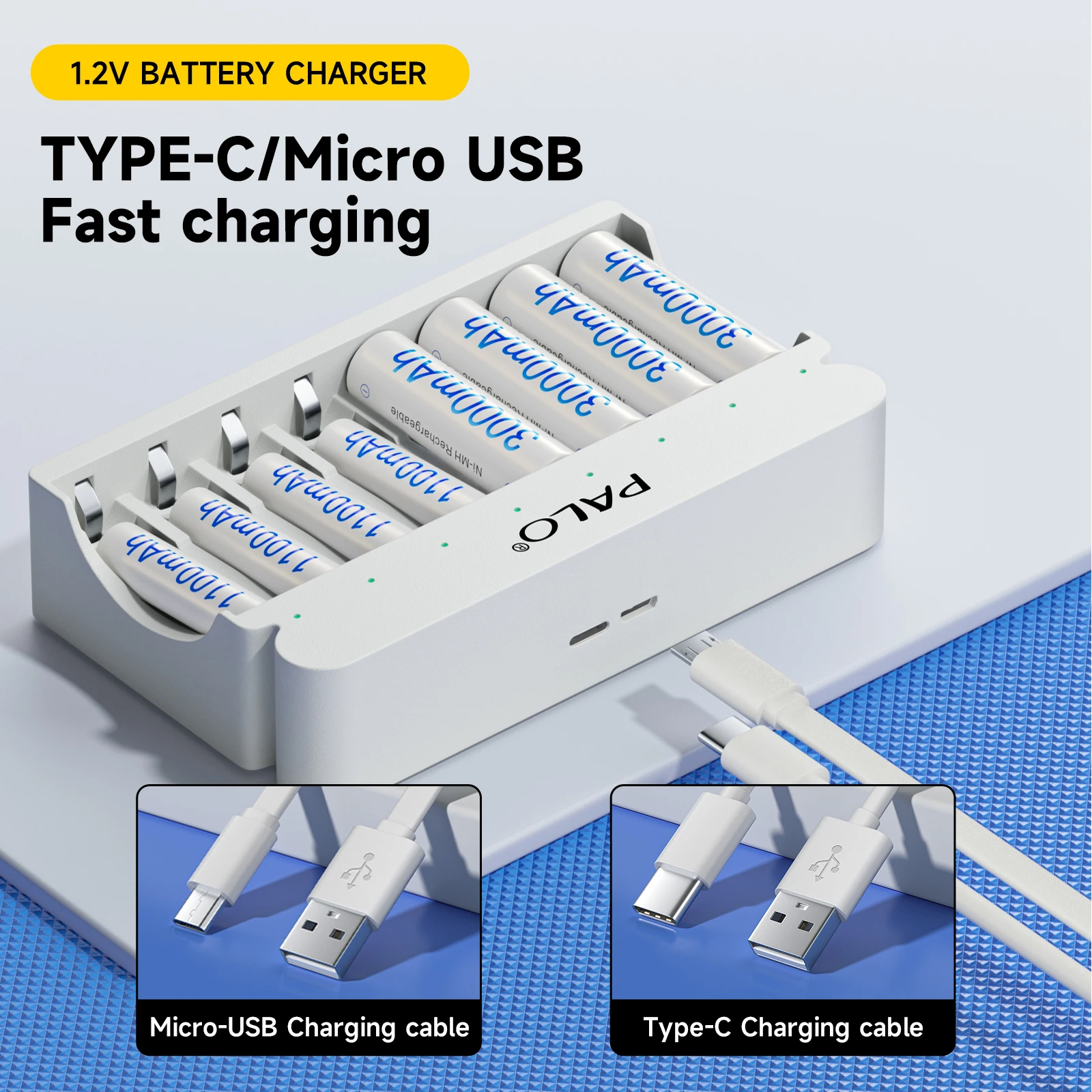 PALO AAA Rechargeable Battery 1.2V Ni-MH 3A Batteries for Camera Toy Car with 8-slots Smart Mix-Charge AA/AAA Battery Charger