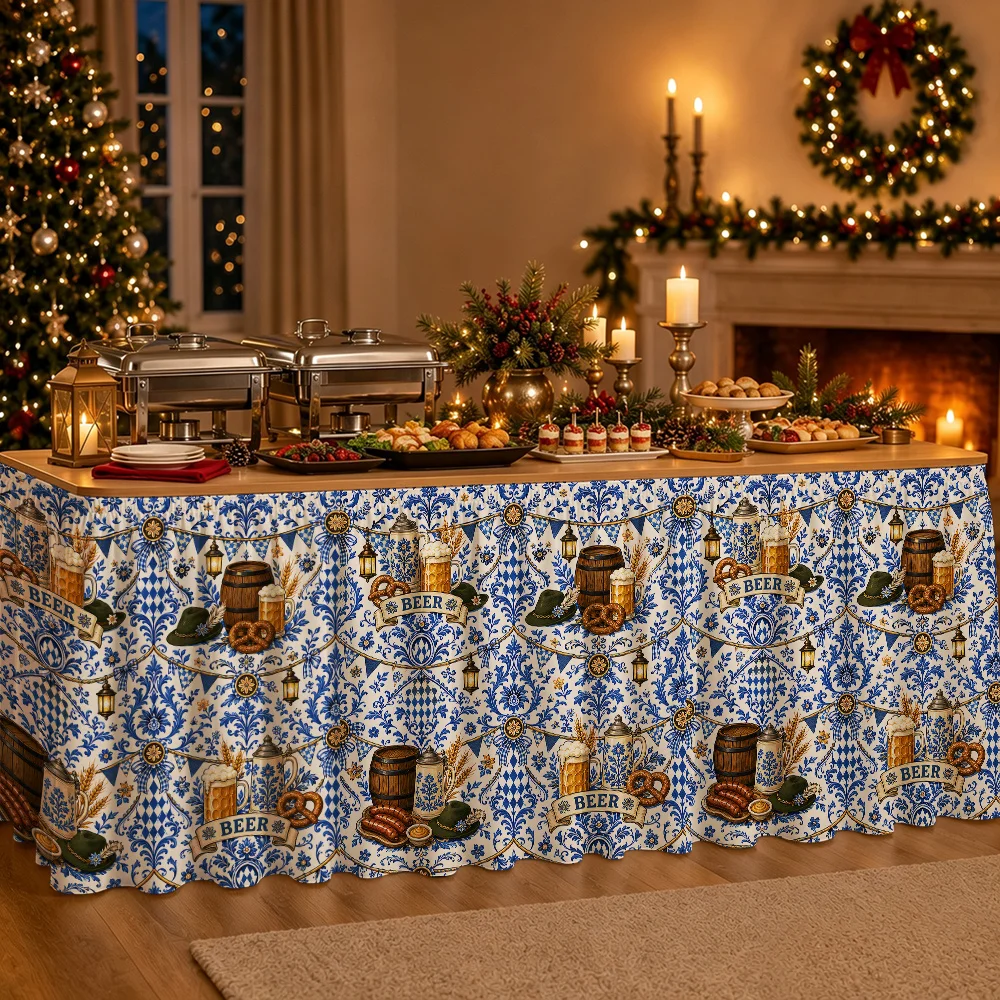 Blue White Tavern Damascus Beer Garden Track Node Chain Beer Festival Table Scarf, Bavarian Party Decoration
