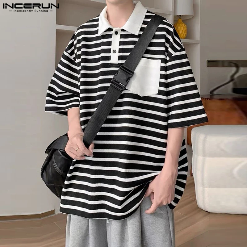 INCERUN Tops Men Shirts 2025 Korean Style Fashion Men's Shirts Casual Striped Patchwork Streetwear Lapel Half Sleeve Blouse