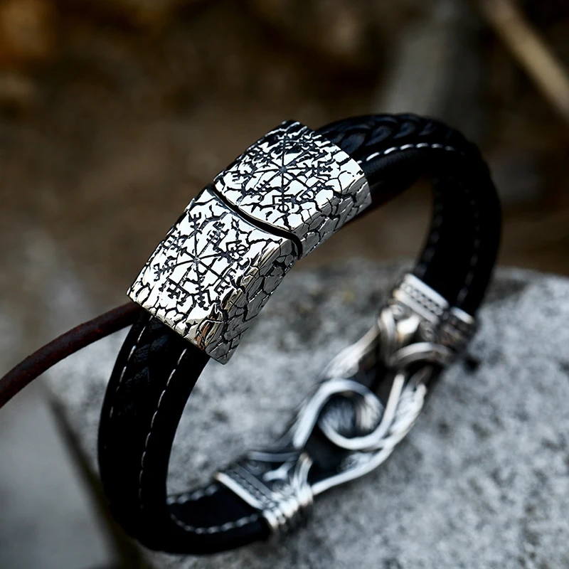 316L Stainless Steel Wholesale Price Punk Leather Bracelets Nordic Viking Jewelry For Man Drop Shipping Fashion Jewelry LBC-L034