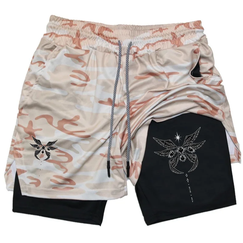 Six Wings Print Men's 2in1 Sports Shorts Breathable Casual Double-layer Shorts Summer Running Sportswear Bottoms S-2XL