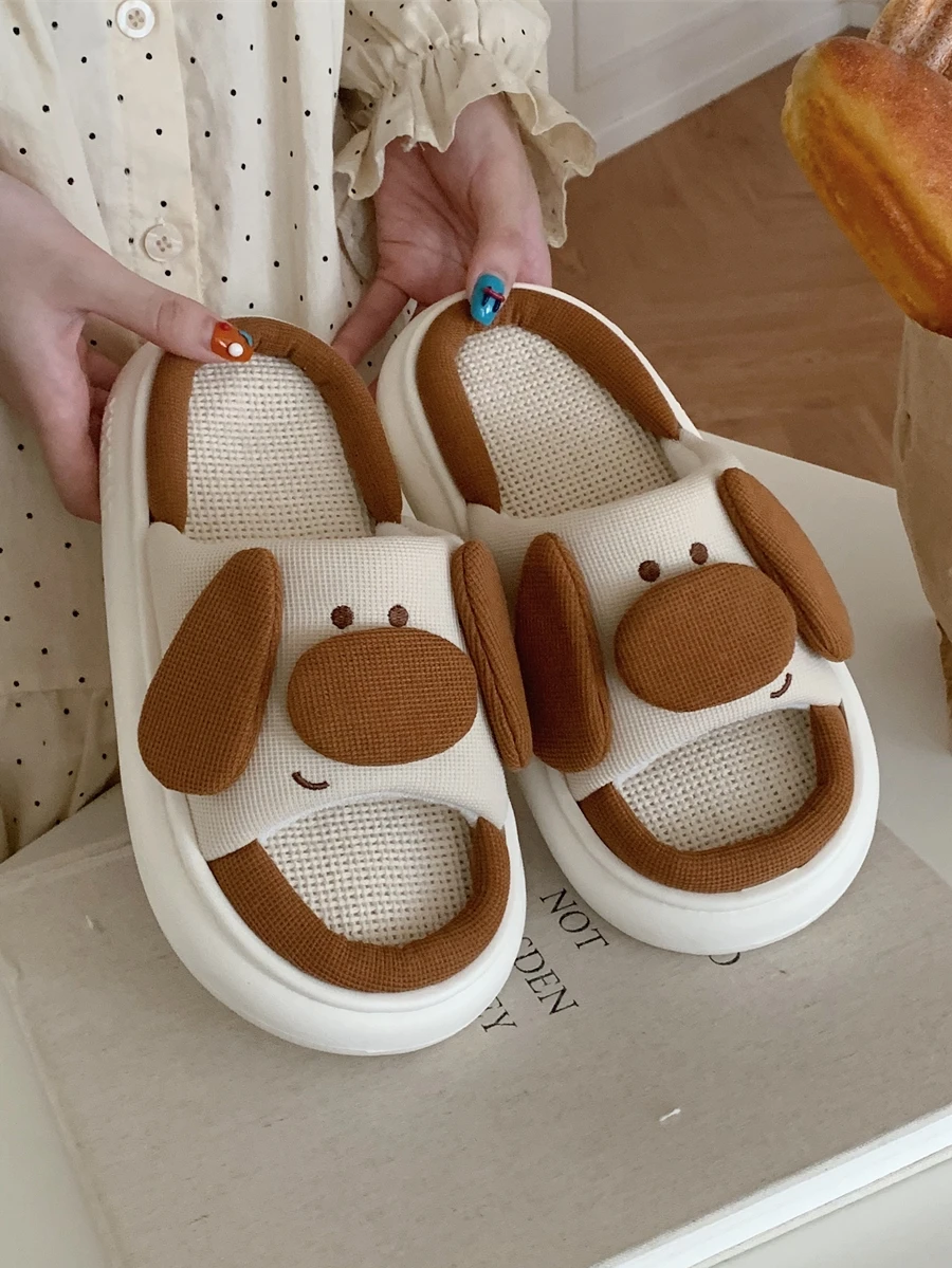 

Versatile Couple Linen Slippers Cute And Fun Big Nose Dog Man Women Home Floor Slippers Shoes For Men And Women