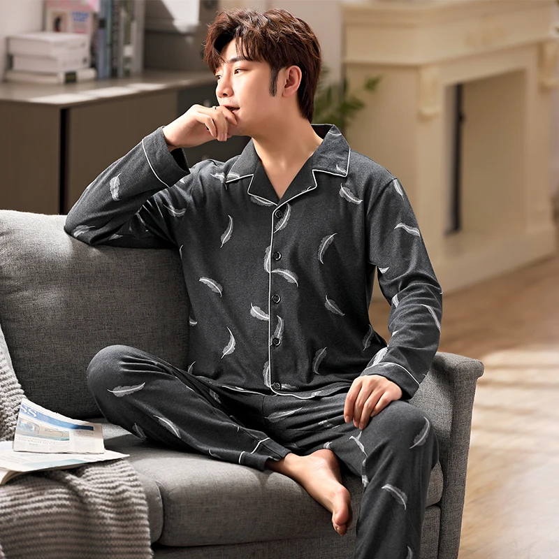 

Plus Size XL-6XL Spring and Autumn Men Knited Cotton Pajamas Set Male Loose Turn-down Collar Home Wear