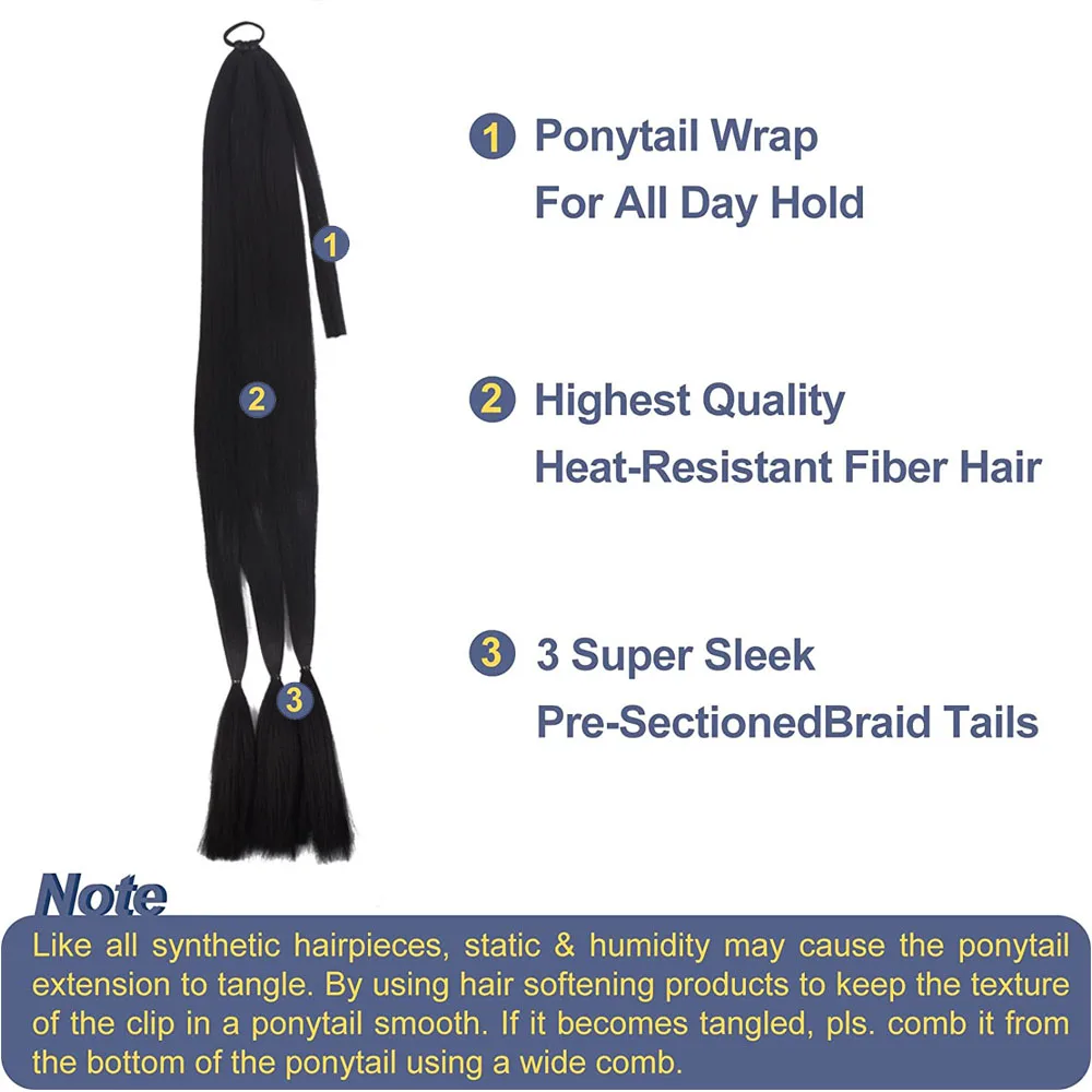 Synthetic Long Box Braided Ponytail  Hair Extensions  For Woman Girls 40inch Black Wrap Around Pony Tail Wig With Rubber Band