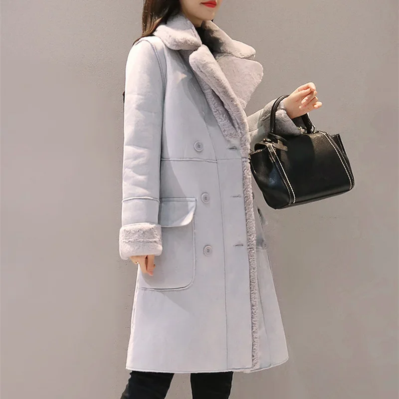 Pop Women's Winter Warm Velvet Padded Faux Suede Long Coat Parka Winter Jacket Women's Double-breasted Jacket Slim Solid Lapel C