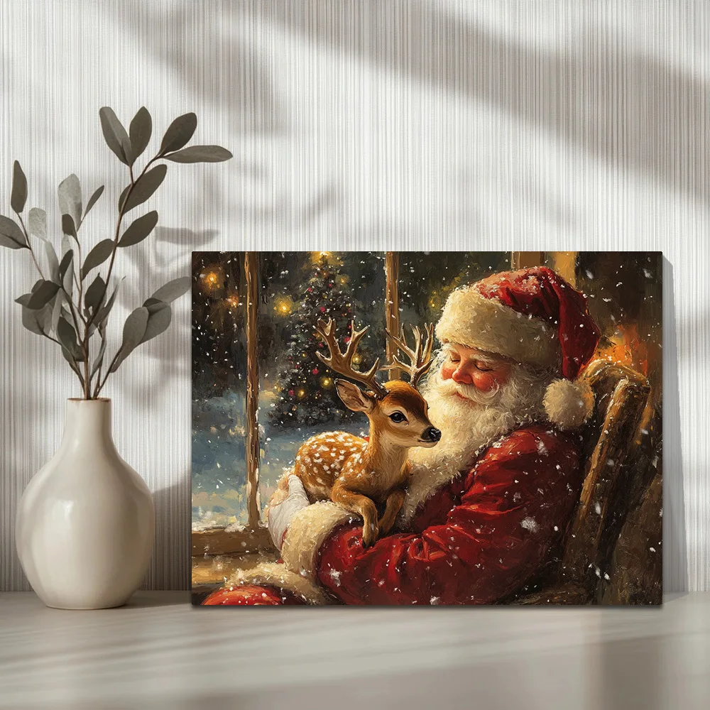 1pc,Santa Claus Is Holding A Cute Little Deer, And It's Snowing Outside The Window D, Modern Canvas Wall Art, Framed, 16x12inch