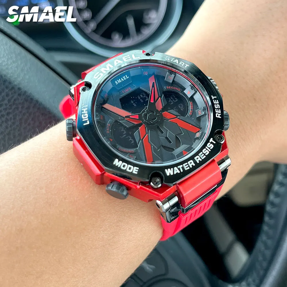 SMAEL Red Sport Digital Watch for Men Fashion Waterproof Dual Time Display Chronograph Quartz Wristwatch with Date Week 8087