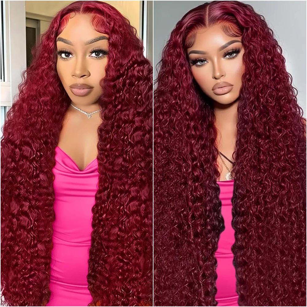 

99J Burgundy 30 40 Inches Deep Wave 13x6 HD Lace Front Wig Curly Red Colored Wig 13x4 HD Transparent Lace Frontal Wigs for Women