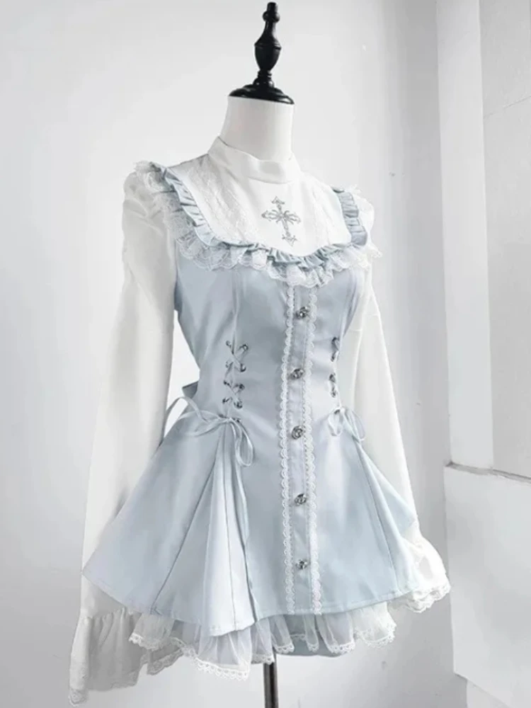 

Готический винтажный тонкий лоскутный комплект платьев, женские уличные кружевные обтягивающие платья с длинными рукавами, короткие брюки, французский костюм в стиле ретро для горячих девушек