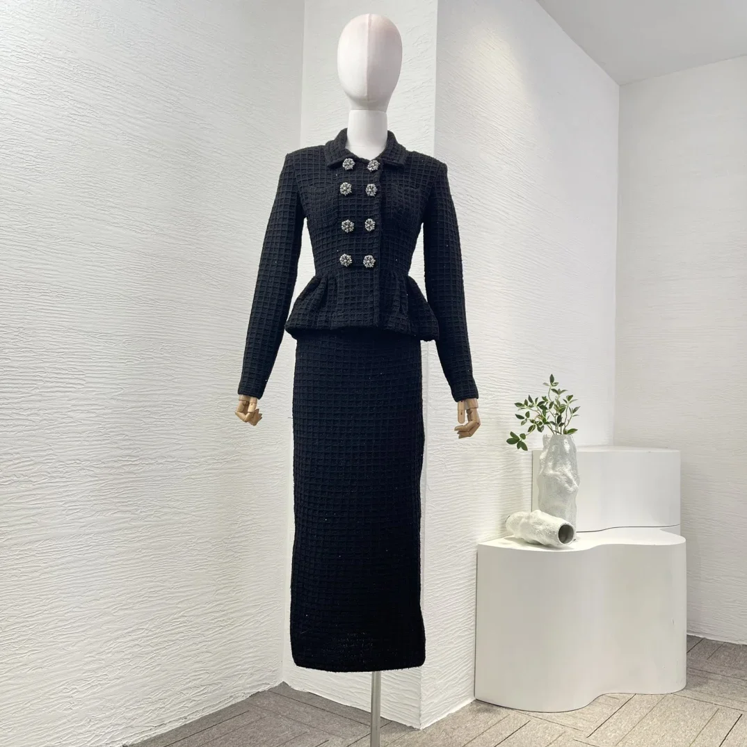 Women's Vintage Black Long Sleeve Ruffles Textured Knit Slim High Quality Midi Dress Autumn Winter New Arrivals