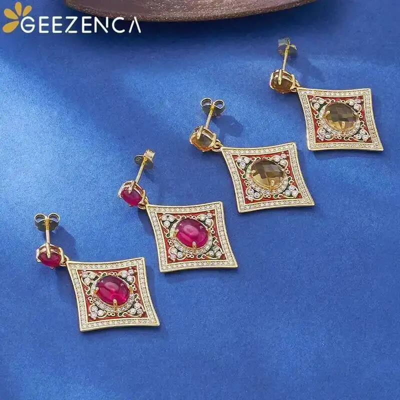 GEEZENCA 925 Sterling Silver Red Corundum Citrine Dangle Earrings Women Luxury Vintage Colorful Enamel Diamond Shaped Earring