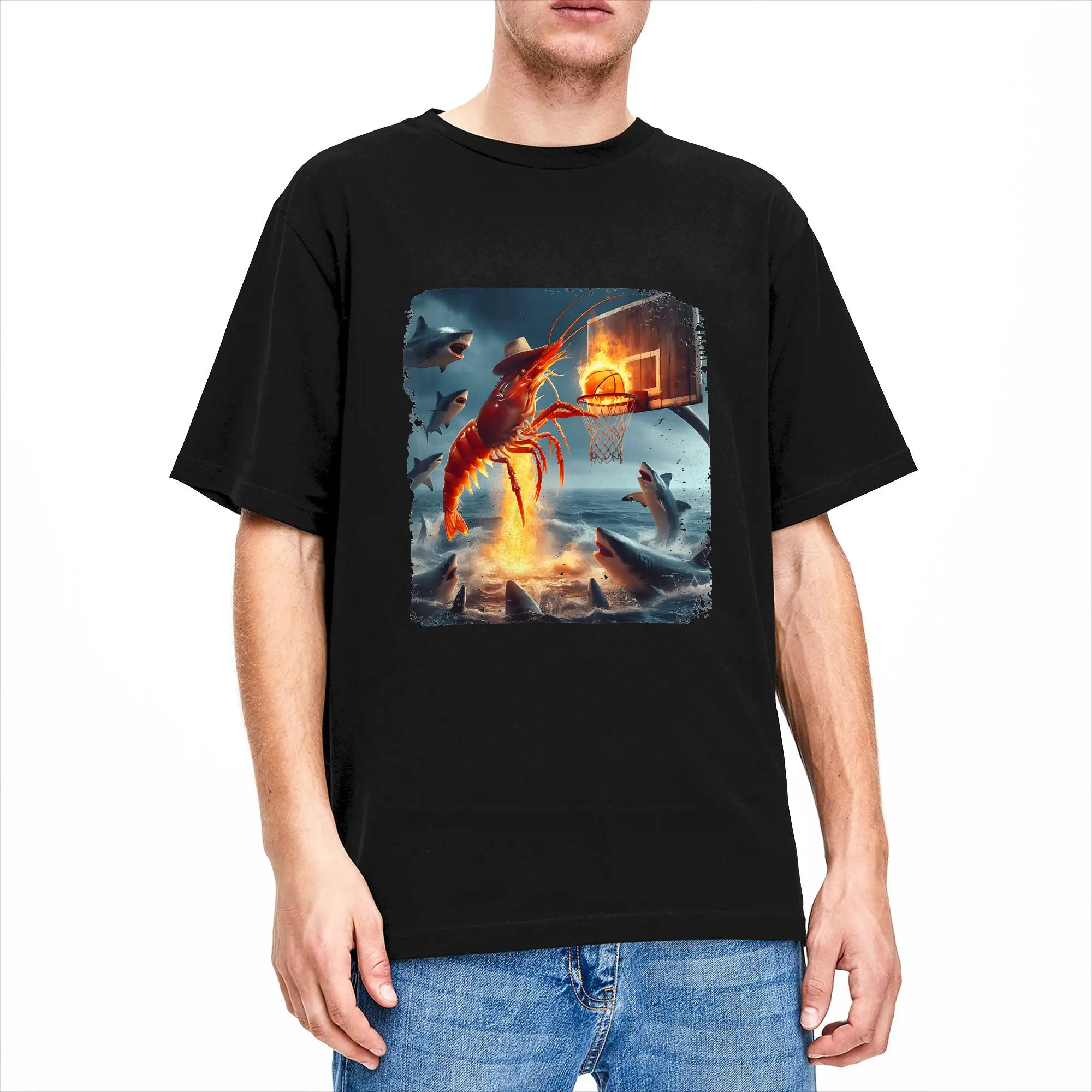 Men Shrimp Dunking on Shark T Shirts Funny Fishing Meme Basketball Cotton Tees Beach Funny Short-Sleeved T-Shirt Crewneck Tshirt