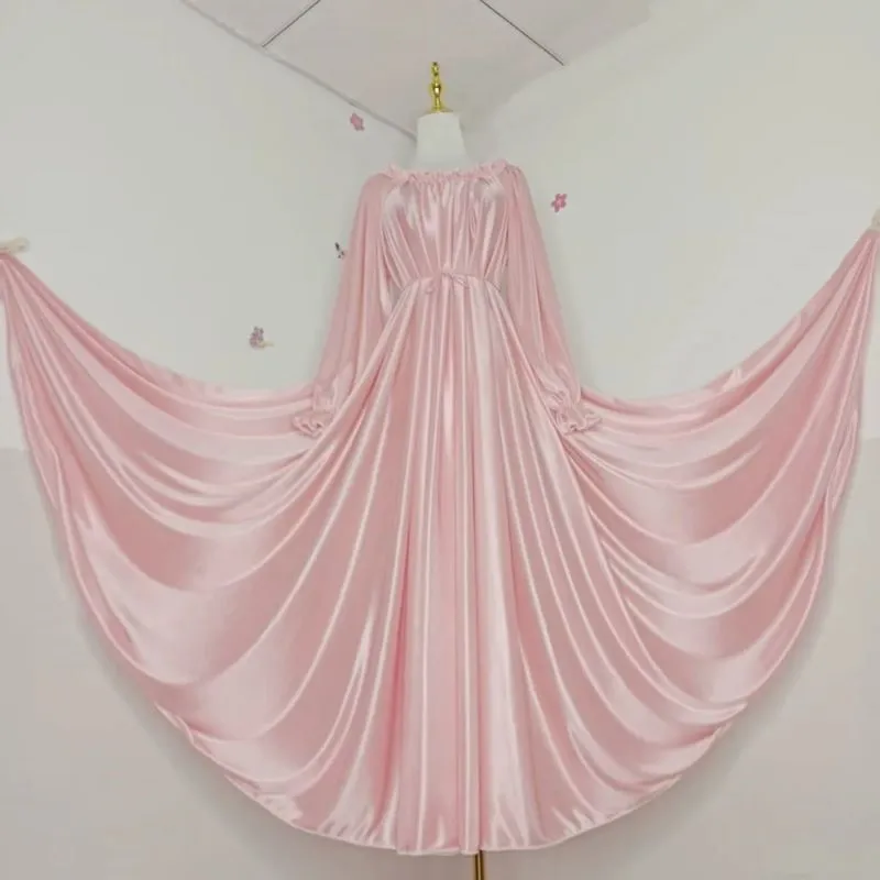 Large Swing Ice Silk Glossy Maxi Dress Ruffled Elastic Collar Long Sleeve Dress Couple Loose Silky Touch Sleeping Robe Plus Size