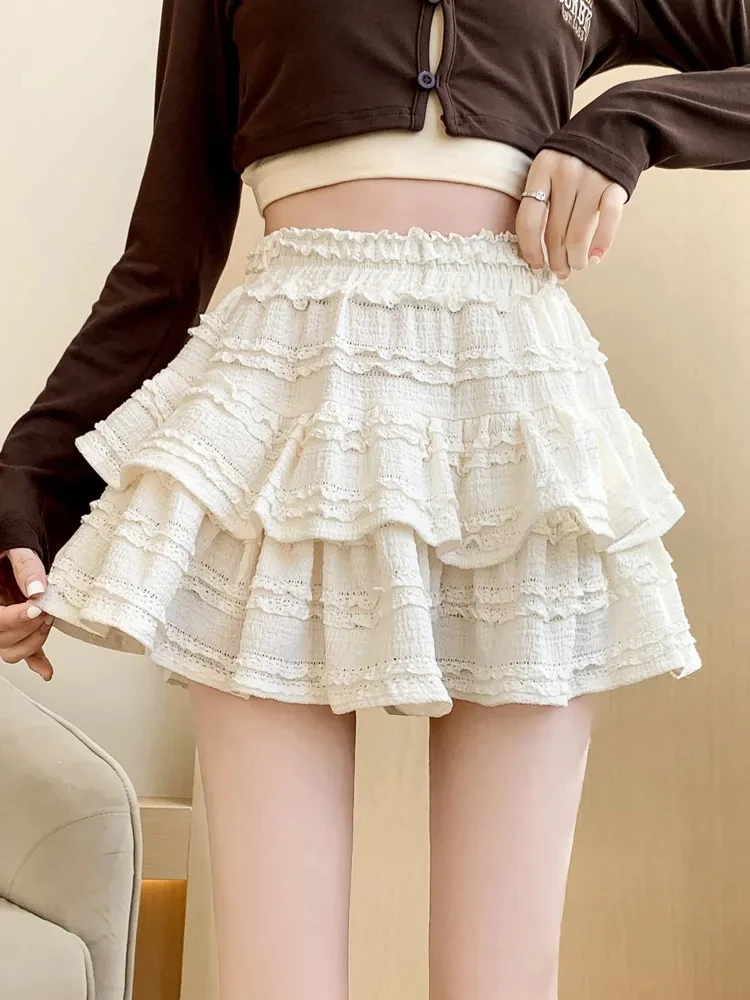 Gidyq Sweet Cute Lace Mini Skirt Women Kawaii White Ruffles Pleated Skirts Summer Korean High Waist Black Casual A Line Skirt