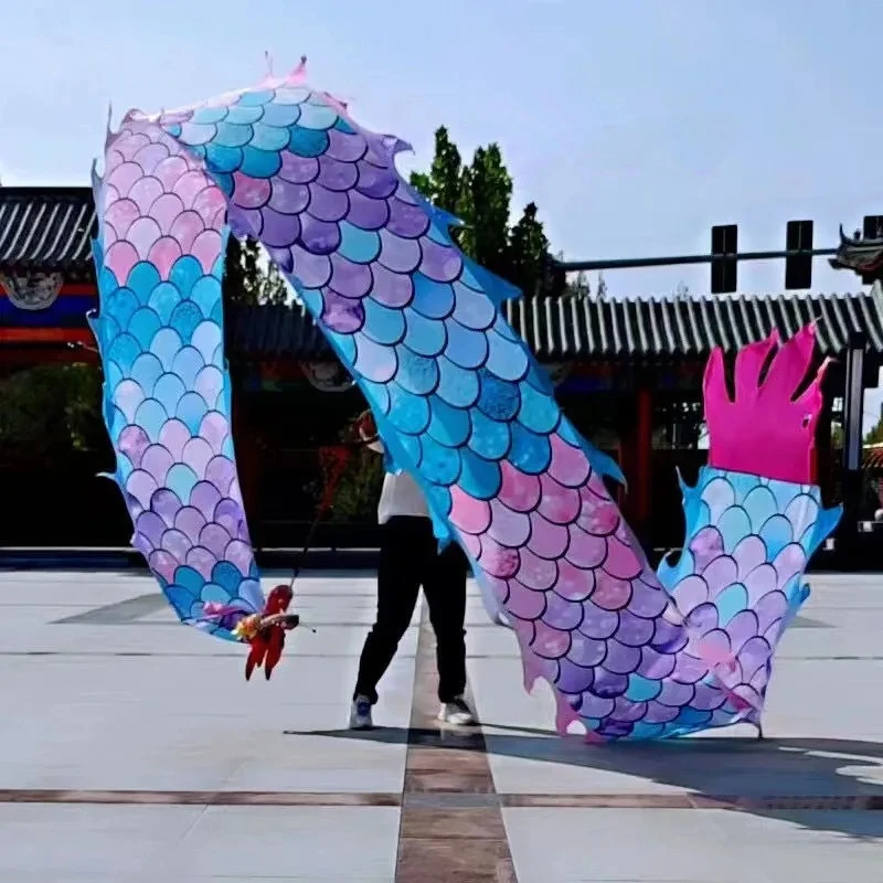 6/8/10m Chinese Dragon Ribbon Dance With Plastic Head For One Person Blue Purple Pink Fitness Dragon Sets Festival Performance