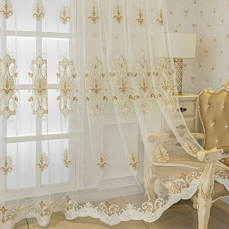 

Luxury European Gold Thread Embroidery Sheer Curtains for Living Room Transparent Panel Whith Valances Window Treatment