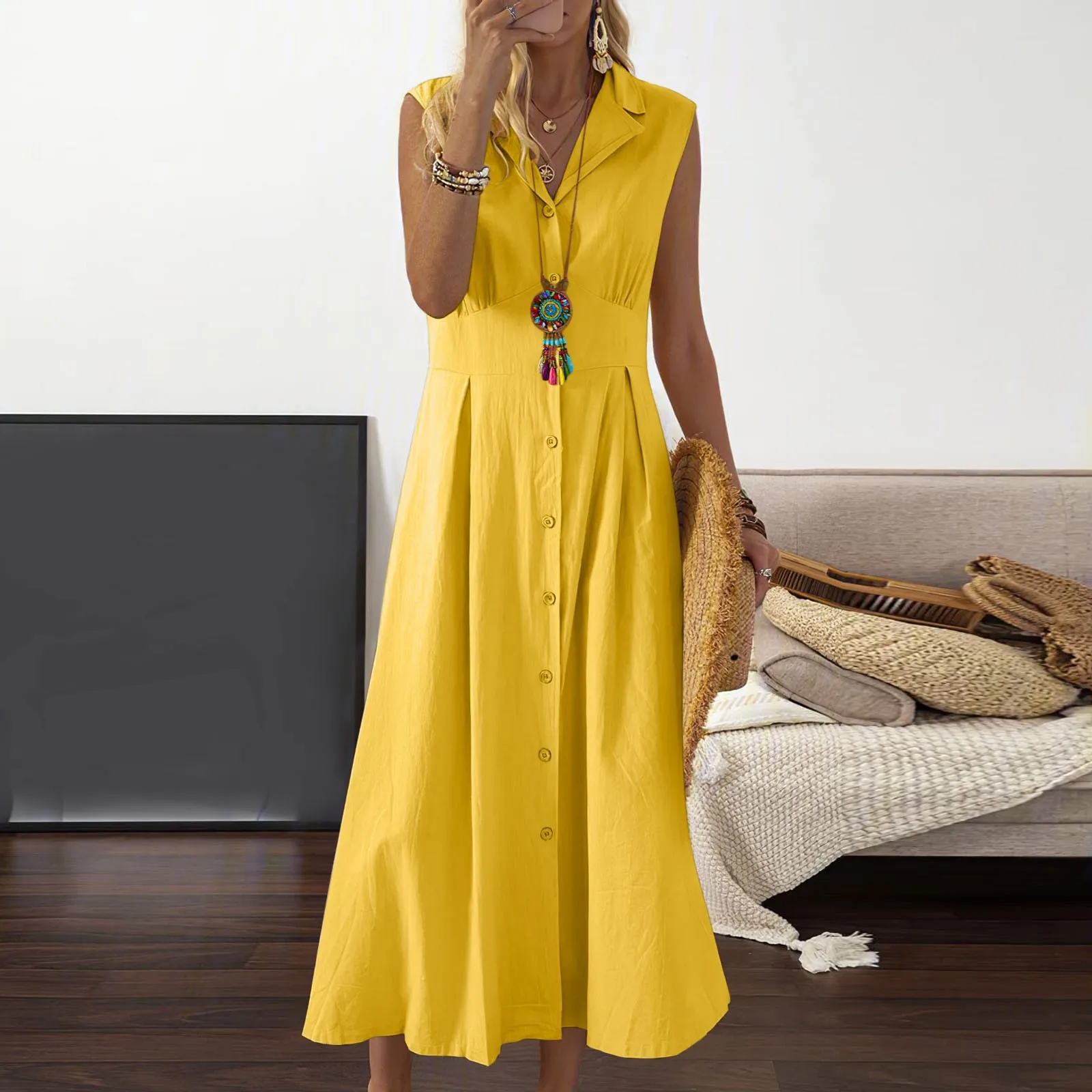 

Women'S Sleeveless V-Neck Shirt Dresses Buttons Downs Long Dress Commuter Style Solid Color Dress Summer Casual Lady Clothes