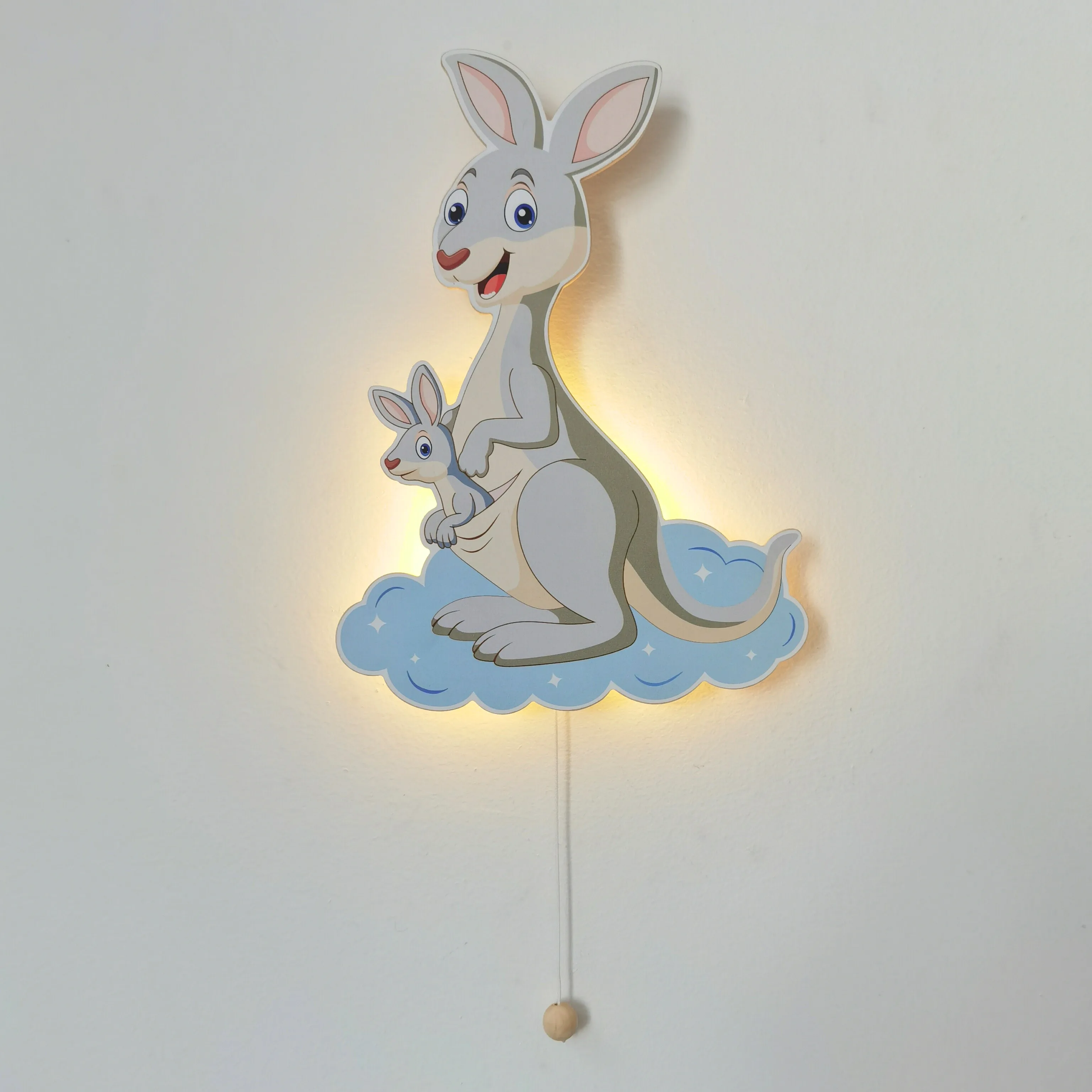Kangaroo Wooden Nursery Wall Light Animal Wall Decor LED Light Pull Switch AA Battery Decorative Wall Light for Kids Room