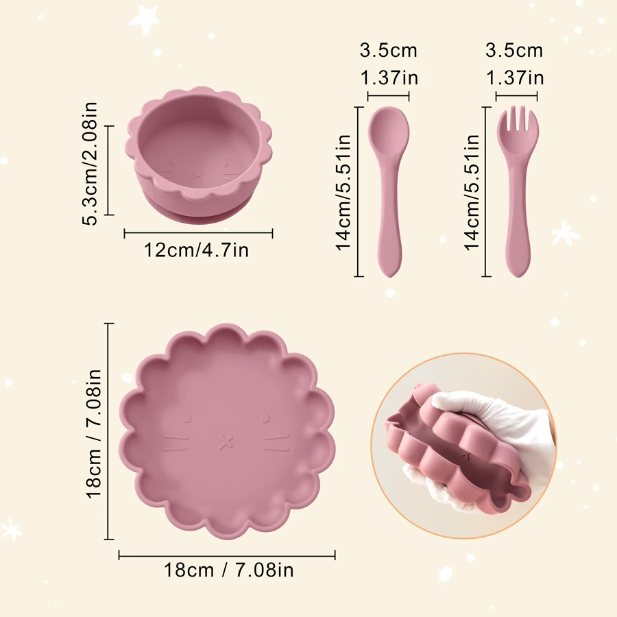 4PC Baby Silicone Tableware Set Cute Lion Shape Suction Plate Solid Color Spoon Fork  Training Baby Dishes Feeding Bowl Set